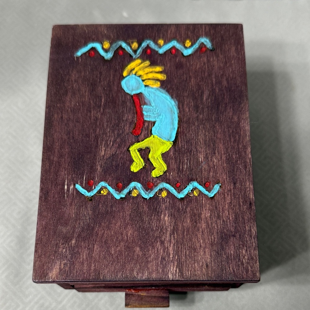Handpainted Kokopelli Figure on Wooden Jewelry Trinket Box Native American Art
